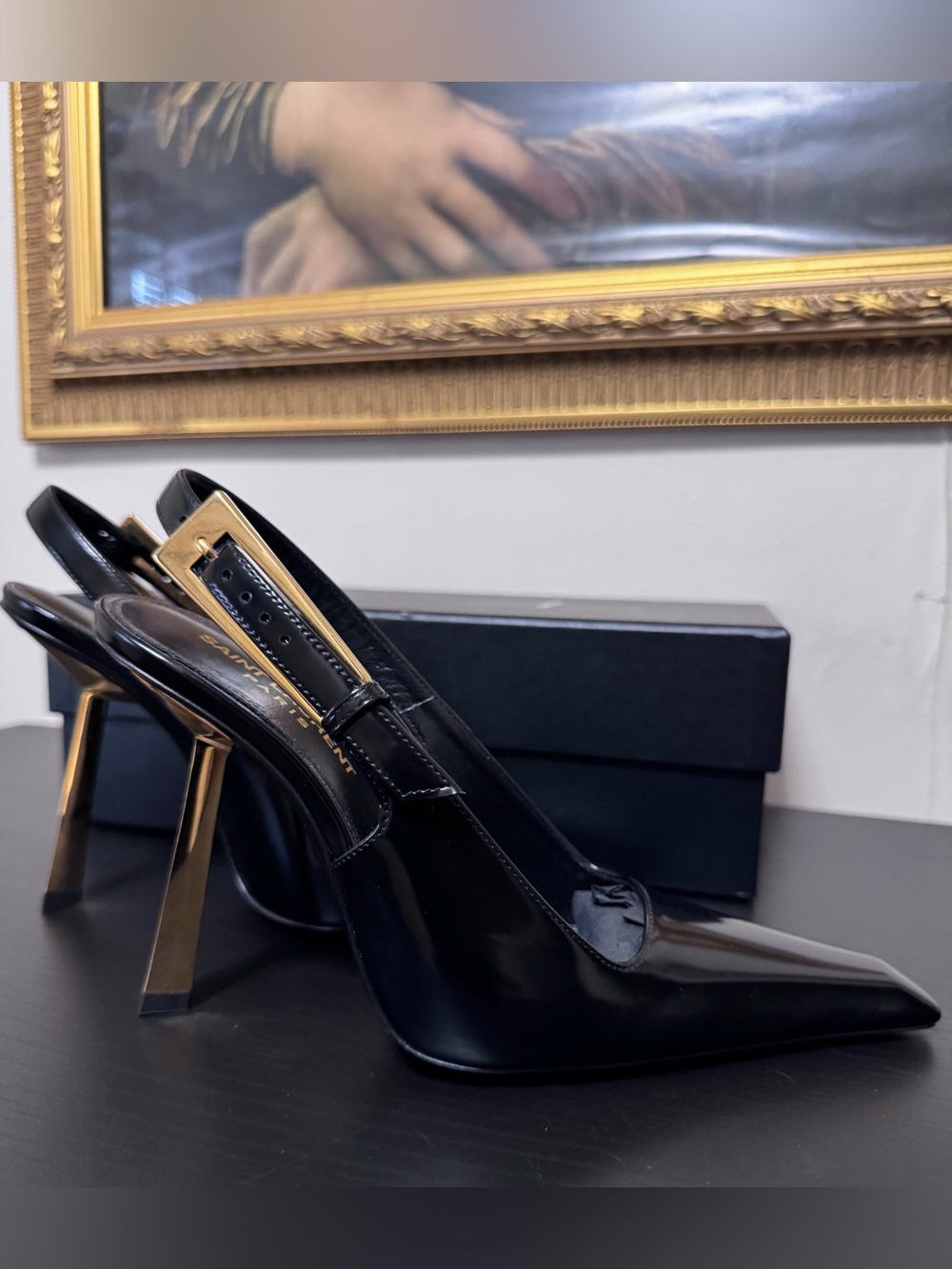 Saint Laurent Black Patent Leather Slingback Pumps with Gold Sculptural Heel